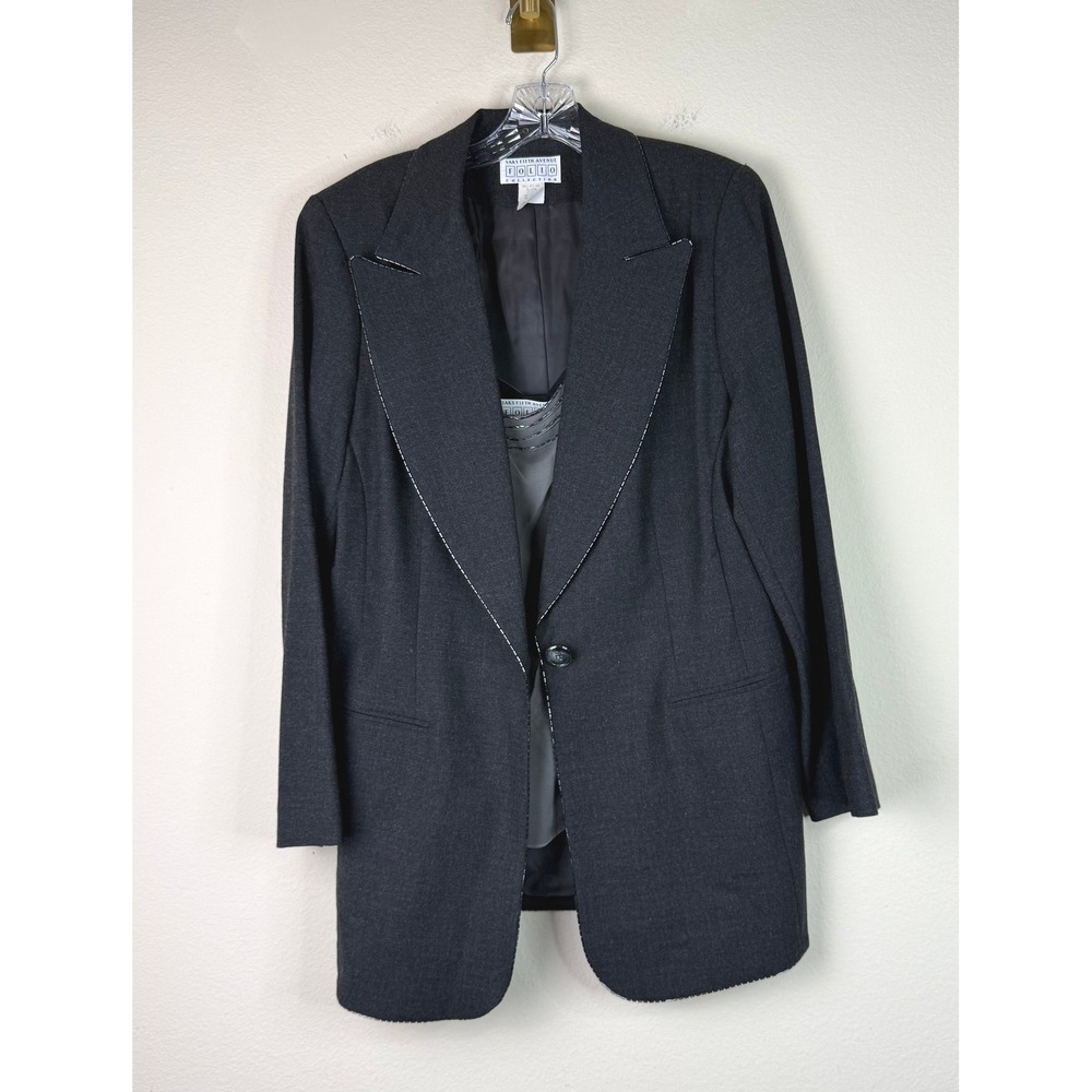 Saks Fifth Avenue Skirt Suit Women 14W Folio Collection Gray Wool Silk Set